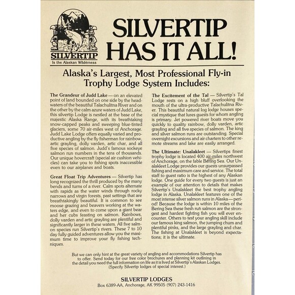 Silvertip Lodges "Alaska's Largest Trophy Lodge System Includes:" Print Ads 1981 - Picture 1 of 3